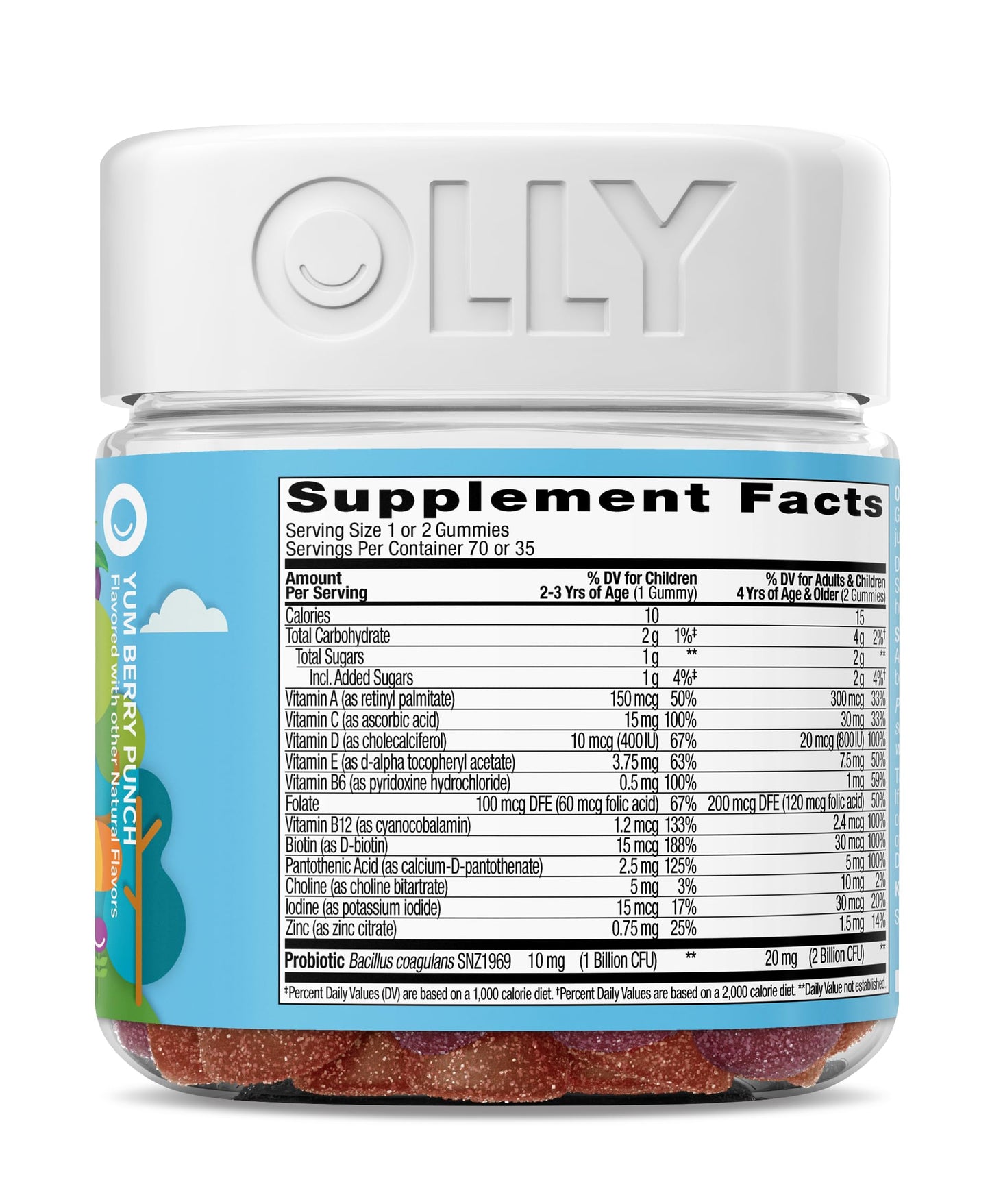 OLLY Kids Multivitamin & Probiotic Gummy, Digestive Support, Vitamins A, D, C, E, B, Zinc, Chewable Supplement, Berry Flavored, 35 Day Supply - 70 Count