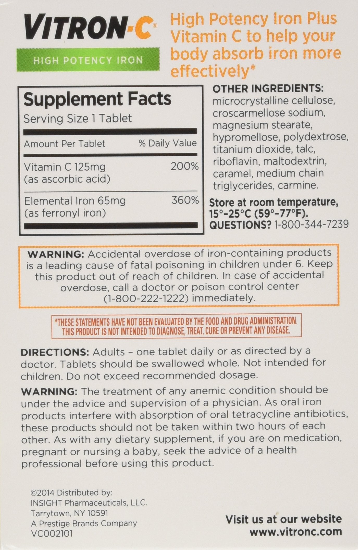 Vitron-C High Potency Iron Plus Vitamin C Tablets 180 Tablets