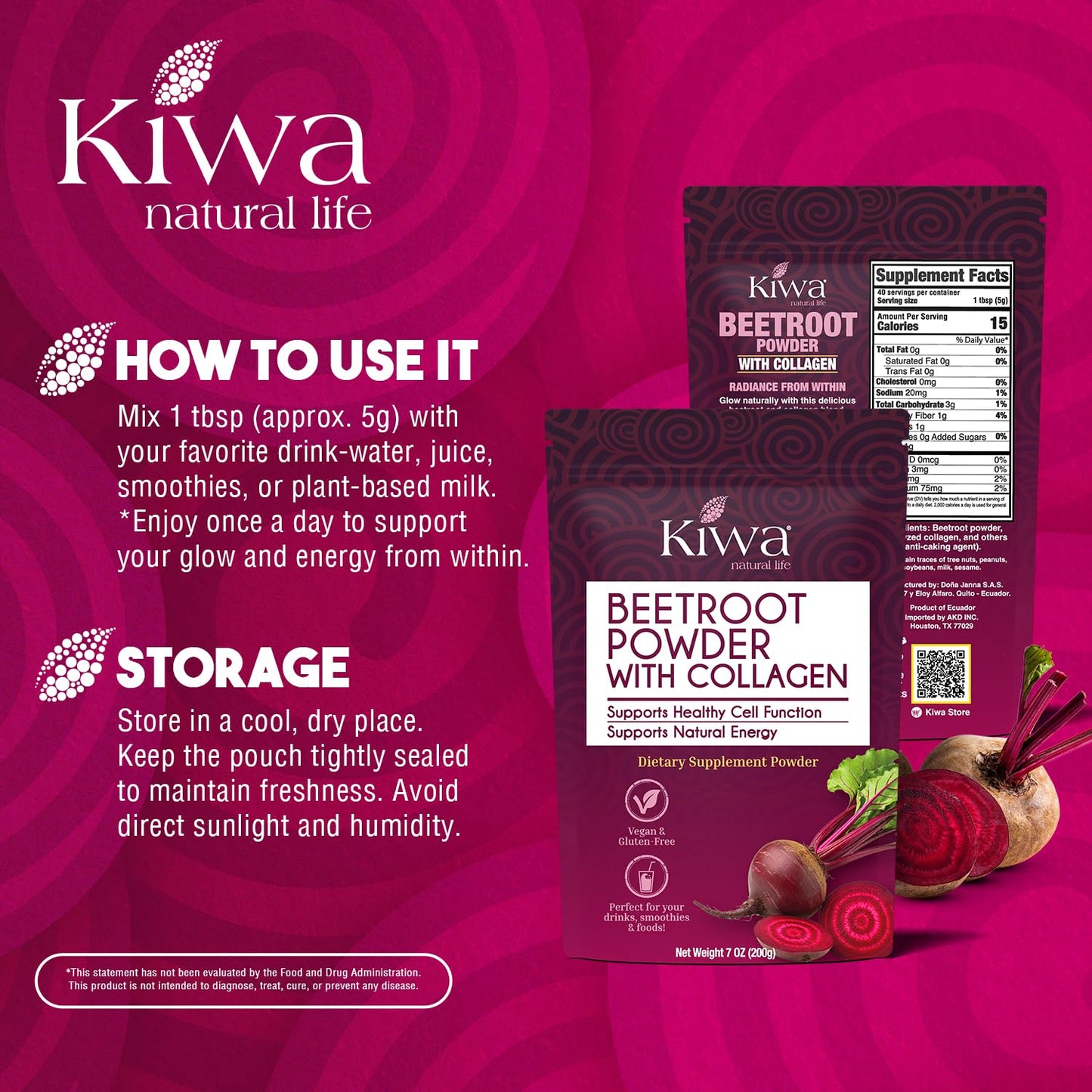 Kiwa Beetroot Powder with Collagen, 14 oz
