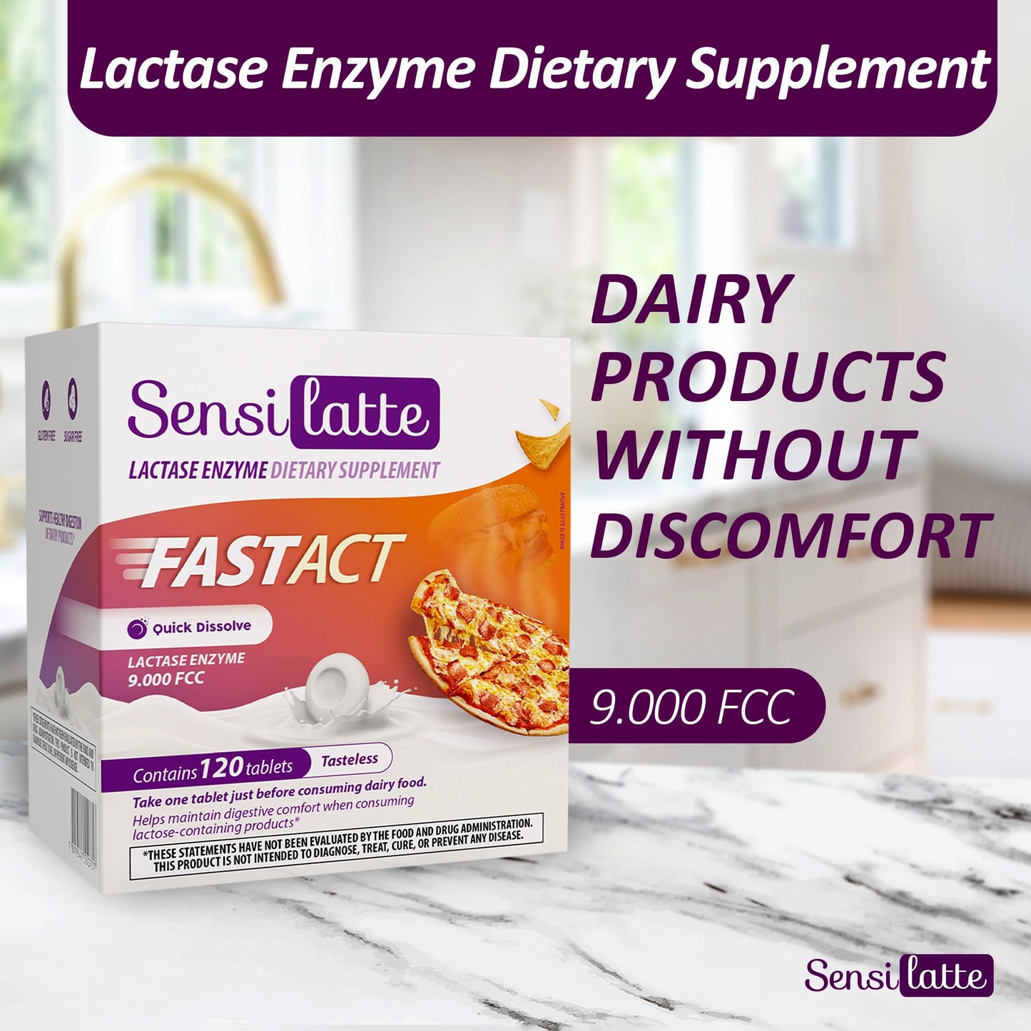 SENSI LATTE Lactase Enzyme 9,000 FCC Tablets, 120 Count
