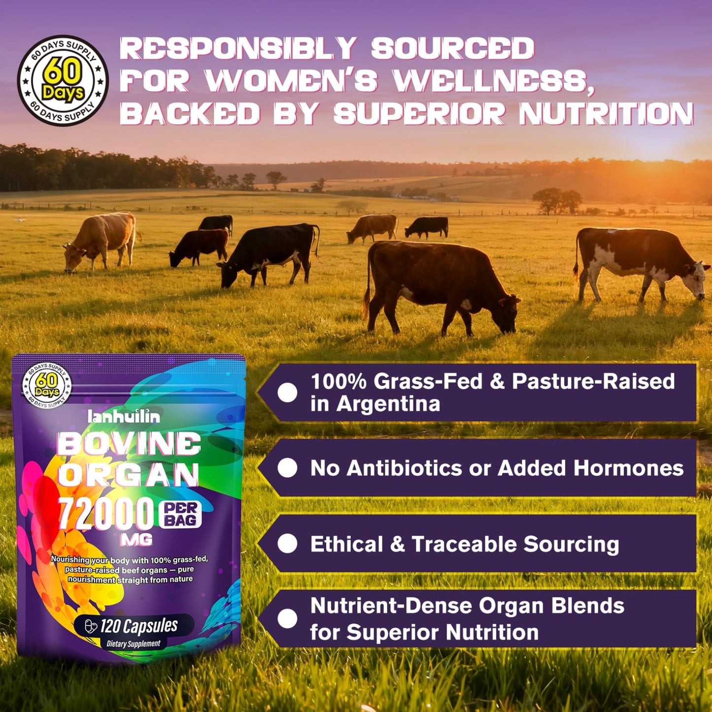 Lanhuilin Beef Organ Supplement for Women - 100% Grass Fed Beef Organs with Bovine Liver, Ovary, Uterus, Kidney, Heart & Fallopian Tubes - PMS, Menopause & Energy, Immune & Mood Support, 120 Capsules