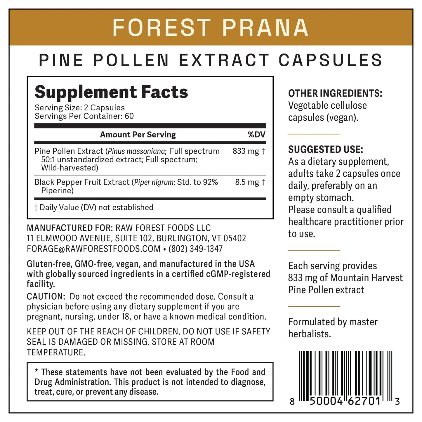 RAW Forest Foods Pine Pollen Extract Capsules, 120 Count