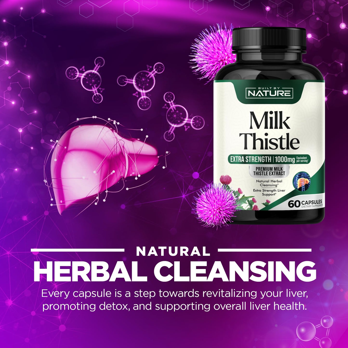 Built by Nature Milk Thistle Liver Detox Supplement with Silymarin Extract & Dandelion Root Capsules, 60 Count