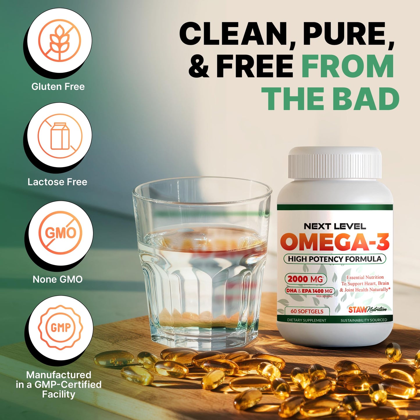 STAW Nutrition Omega-3 Fish Oil Supplement Softgels, 60 Count