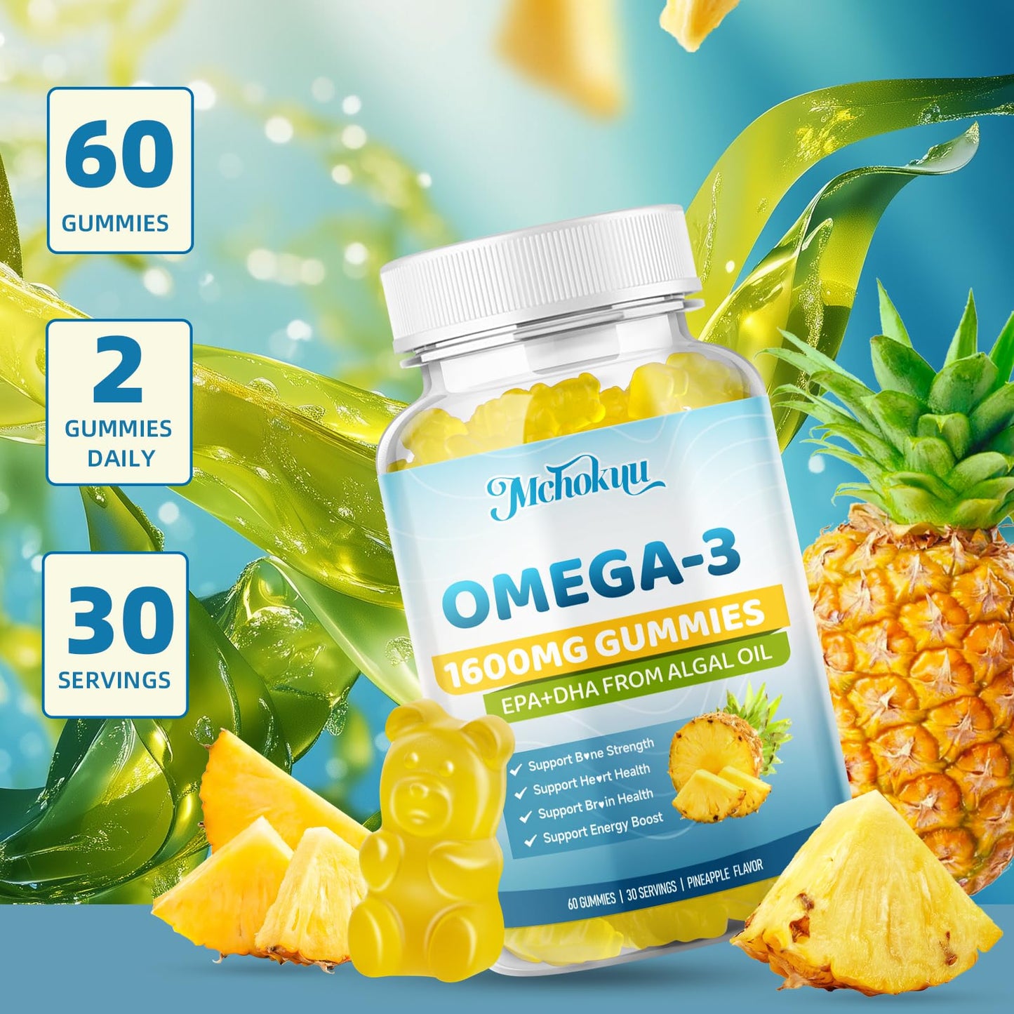 Mchokuu Vegan Omega-3 Gummies 1600mg EPA & DHA from Algal Oil, Fish Oil Alternative for Adults & Kids, Omega-3 with Vitamin D3 & K2 for Brain, Eye & Immune Health, Sugar Free Pineapple, 60 Gummies