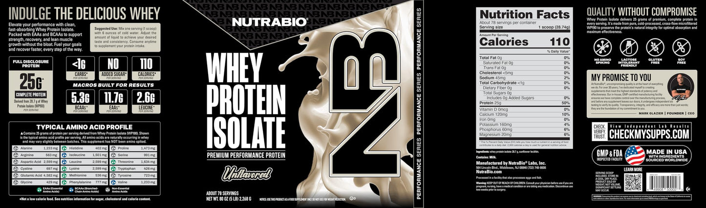 NutraBio 100% Whey Protein Isolate Protein Powder, 5 Lbs, 80