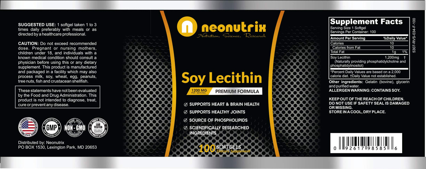 N NEONUTRIX NUTRITION, SCIENCE, RESEARCH Soy Lecithin Capsules 1200mg, 100 Capsules