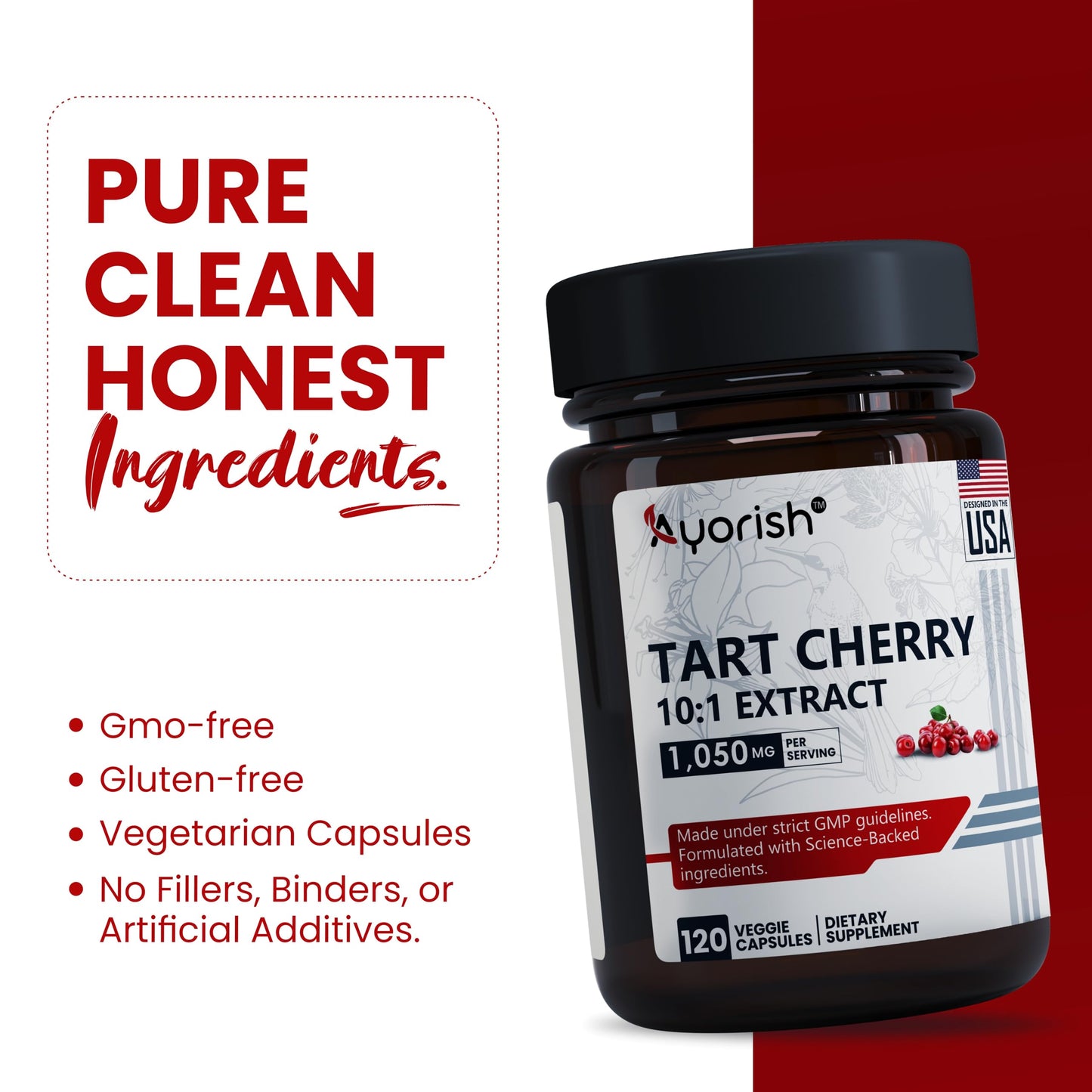 Ayorish Tart Cherry Capsules 1050mg Tart Cherry Extract 10:1, 120 Capsules