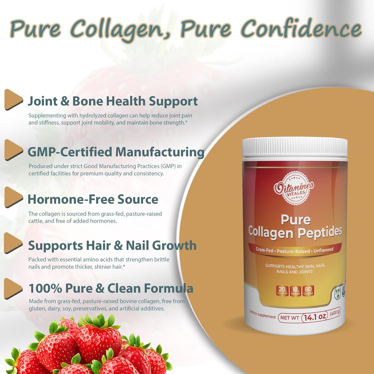 Vitamines Vitales Pure Collagen Peptides – Grass-Fed Hydrolyzed Collagen Powder, 14.1 oz