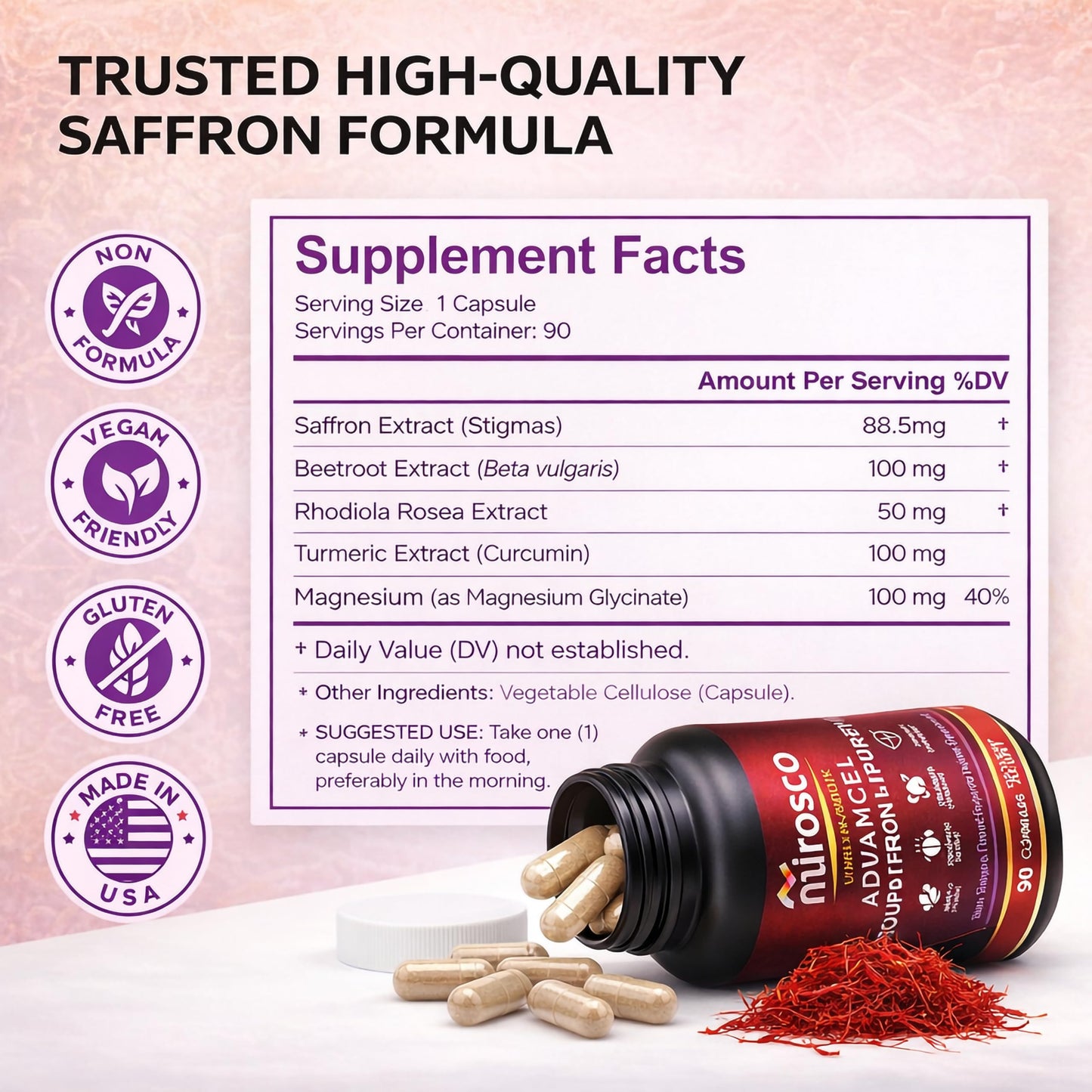 Mirosco Pure Saffron Supplements Capsules, 90 Count