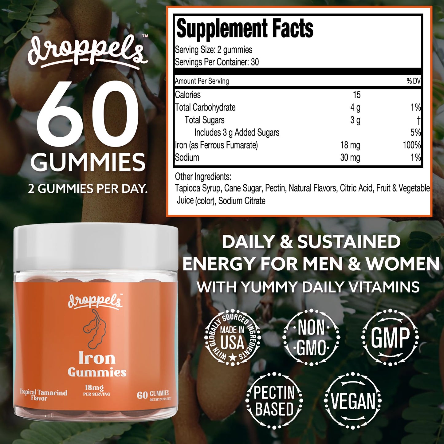 Droppels Iron Gummies 18mg for Women and Men – Vegan Plant-Based Iron Supplement, Gummy 60 Count