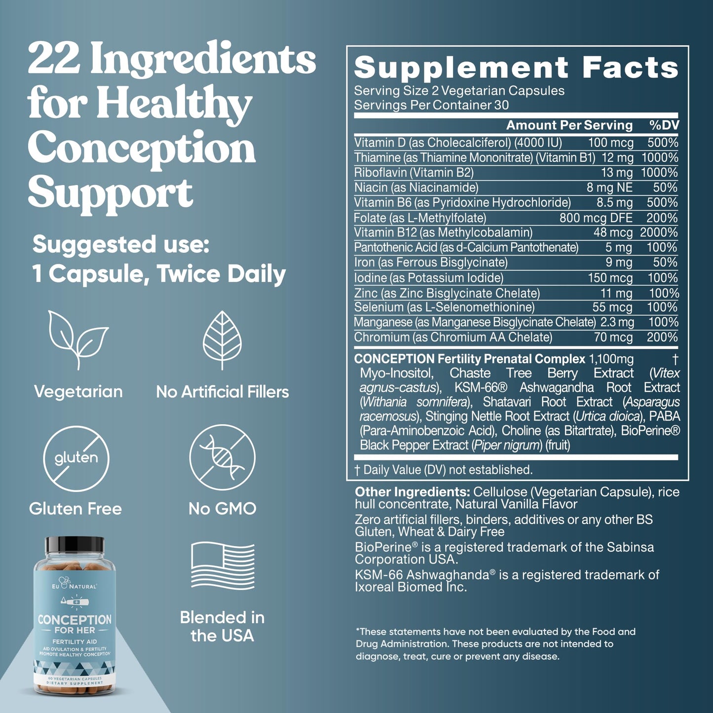 Eu Natural Conception for Her Fertility Supplements for Women - Ovulation, Hormonal Balance & Regular Cycle Support - Myo-Inositol, Folate, Shatavari & Vitex, 120 Vegetarian Capsules