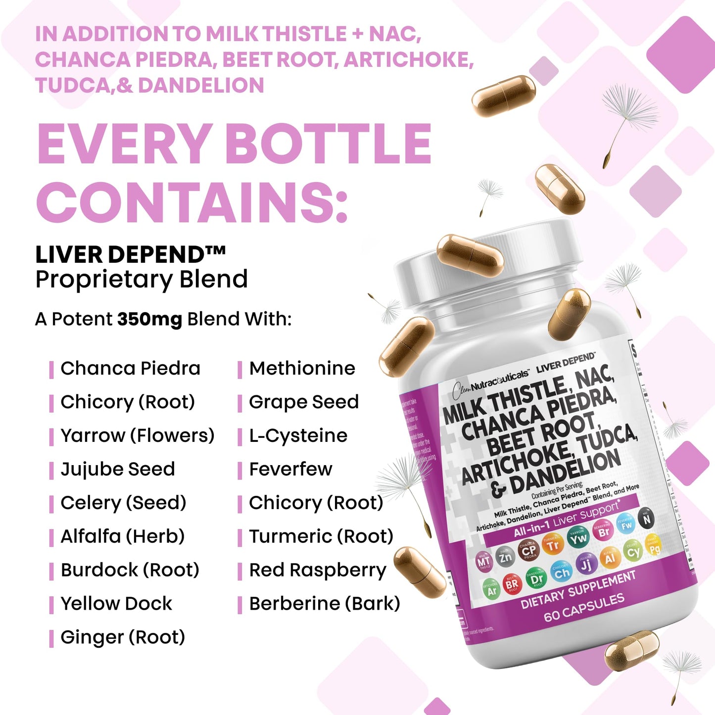 Clean Nutraceuticals Liver Cleanse Herbal Supplement with Milk Thistle, NAC, Chanca Piedra, Beet Root, Artichoke, Astragalus, Dandelion Root, TUDCA, Choline & Ginger, 60 Capsules