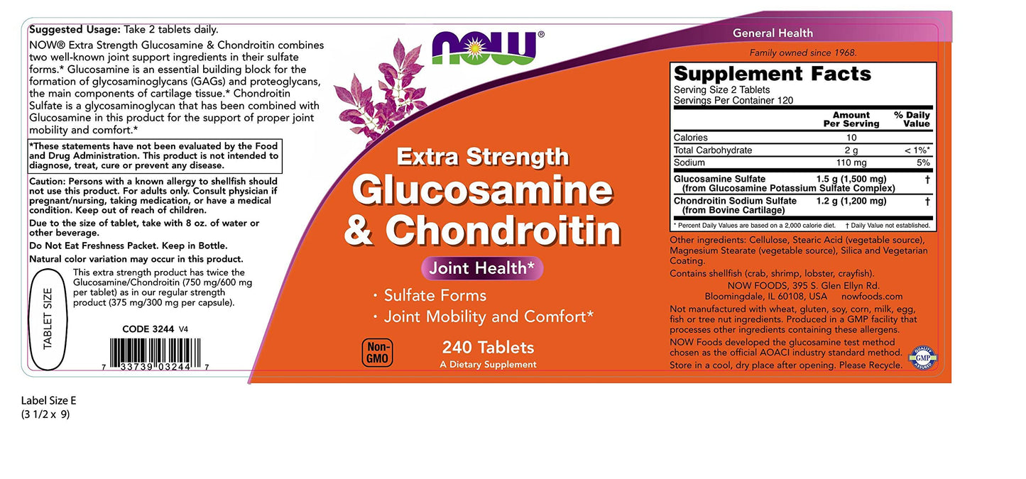 NOW Foods Glucosamine and Chondroitin 750-600 mg Tablet, 240 Count