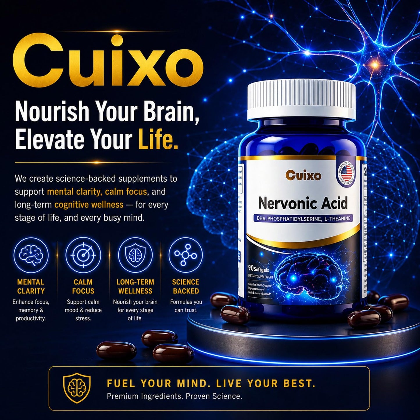 CUIXO Brain Supplement Memory & Focus, Nootropic Support with Phosphatidylserine Softgels 90 Count