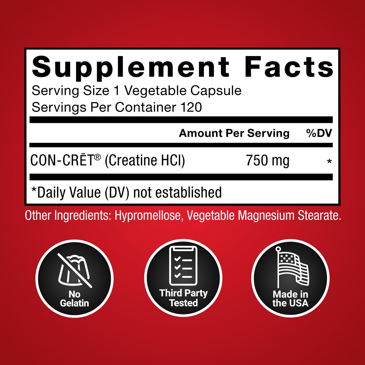 Force Factor Creatine HCl Capsules 750 mg with CON-CRET, 120 Capsules