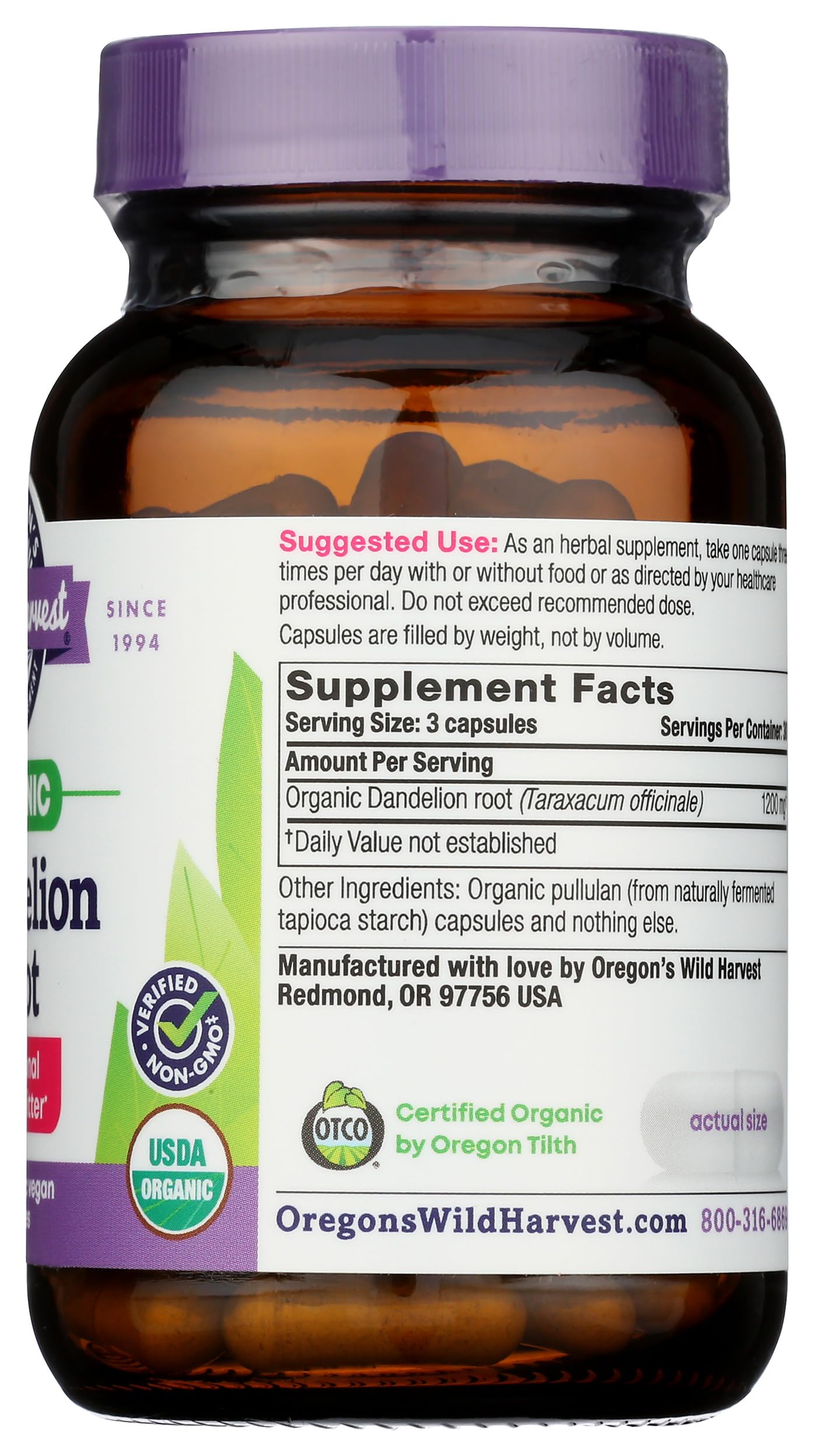 Oregon's Wild Harvest Dandelion Root Organic Supplement Capsules, 90 Capsules
