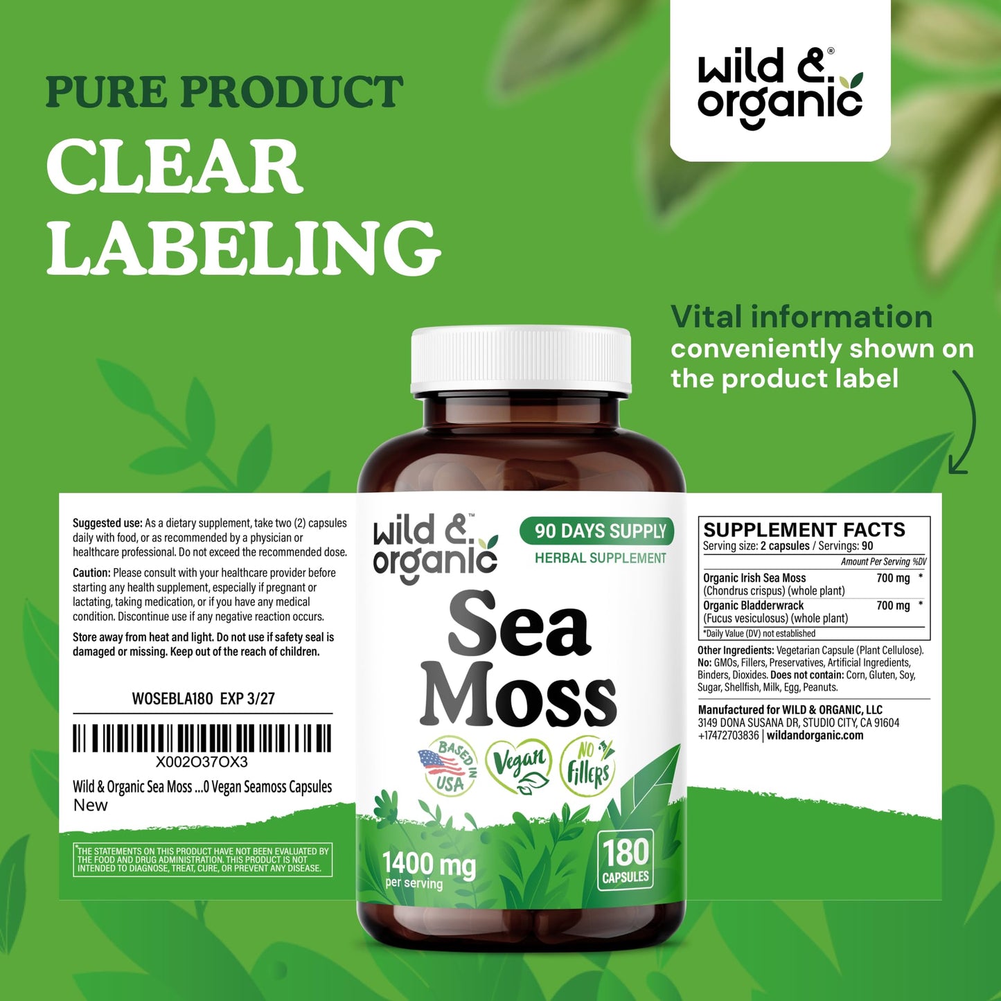 Wild & Organic Sea Moss Capsules 180 Count