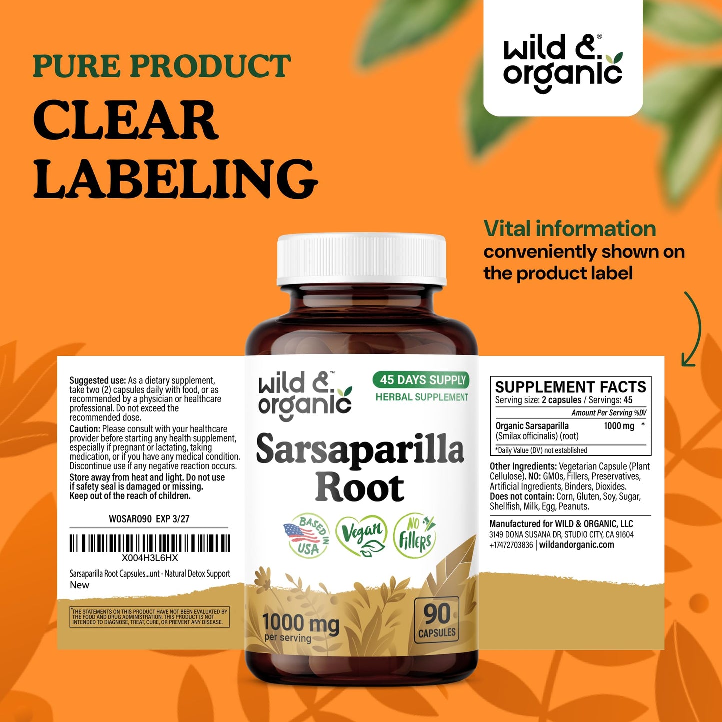 Wild & Organic Sarsaparilla Root Capsules 90 Capsules