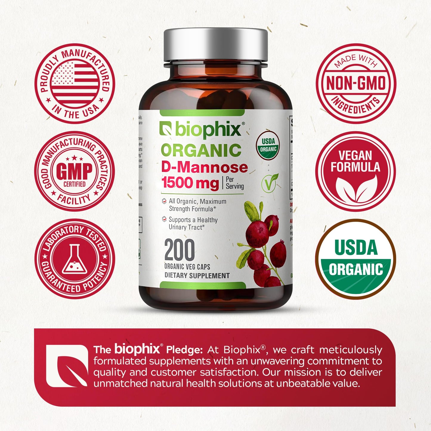 biophix D-Mannose 1500 mg Capsules, 200 Count, USDA Organic, Non-GMO, Vegan-Friendly