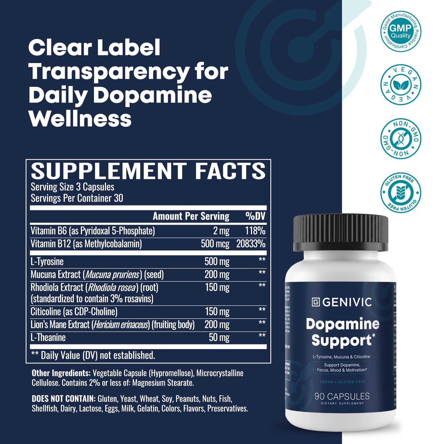 Genivic Dopamine Support Supplements for Men Women - Natural Brain Food Supplement for Adults with L-Tyrosine Mucuna Vitamin B6 - Focus Mood Balance Cognitive Wellness Support Pills Capsule 90 Count