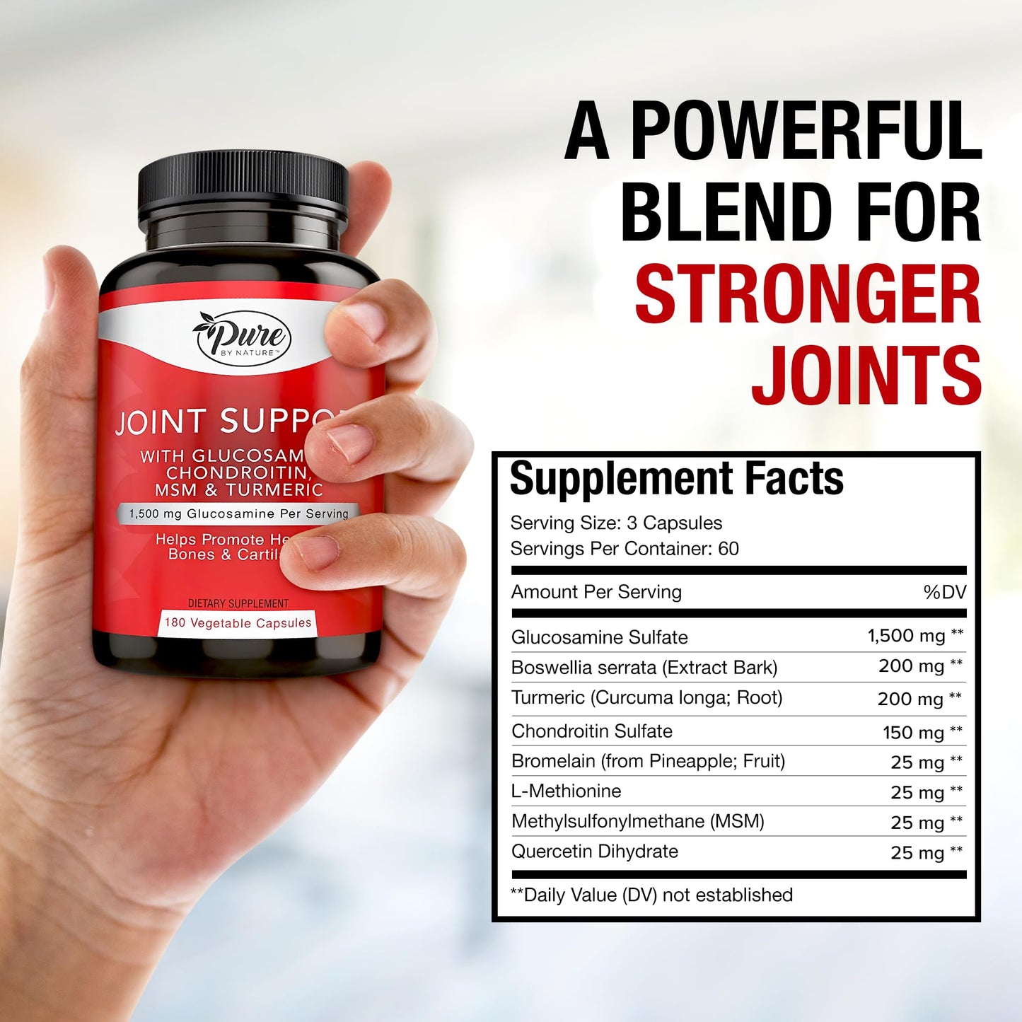 Pure By Nature Joint Support Glucosamine with Chondroitin Turmeric MSM Boswellia Supplement, 180 Capsules