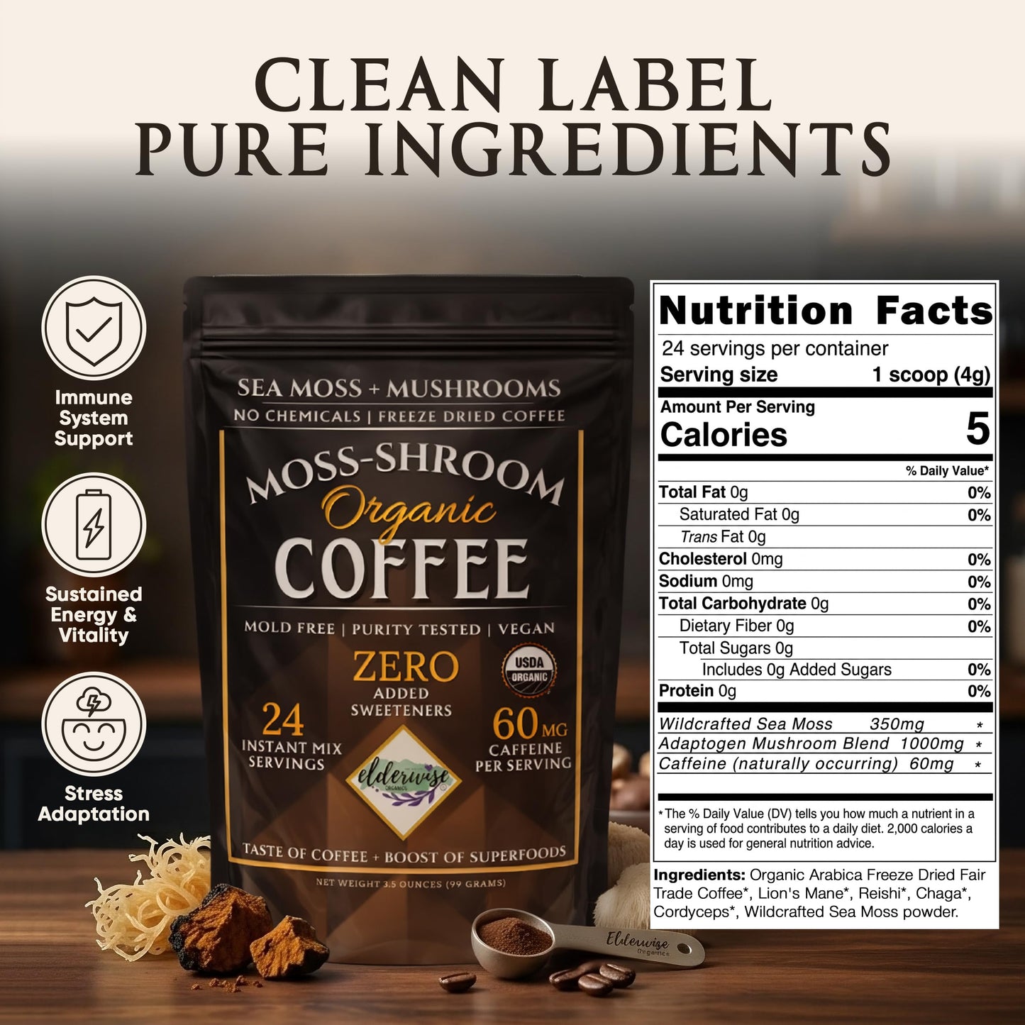 Elderwise Organics Made With Love Mushroom Coffee with Sea Moss Organic Instant Blend Powder 3.5 oz