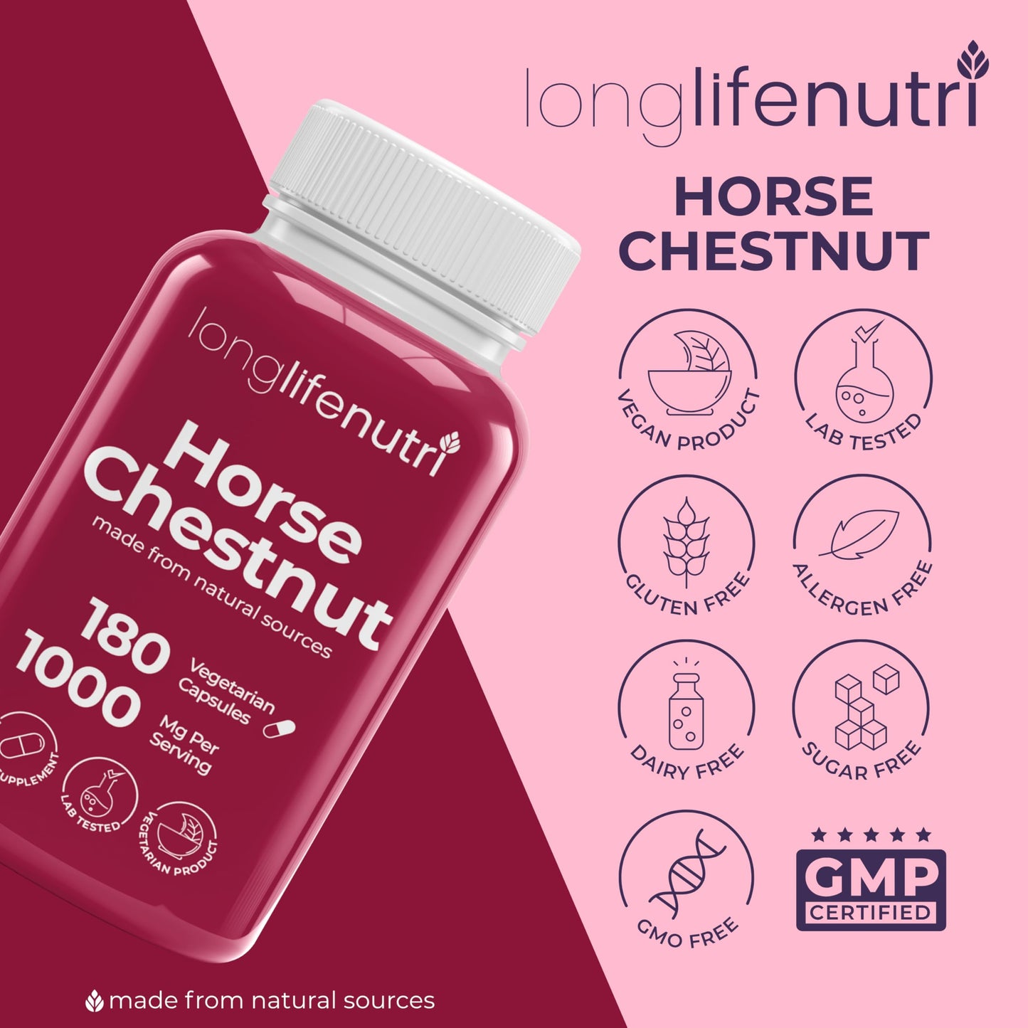 LongLifeNutri Horse Chestnut Extract 500mg Capsules, 180 Count