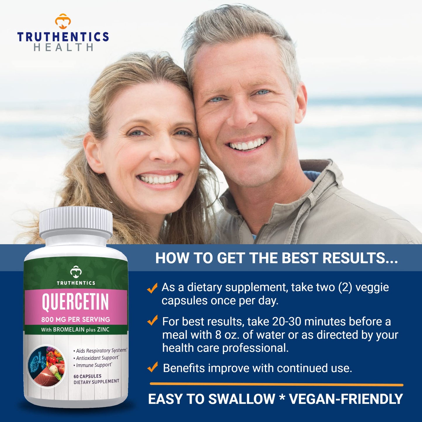 TRUTHENTICS Quercetin with Bromelain and Zinc 1050mg Capsules, 60 Capsules
