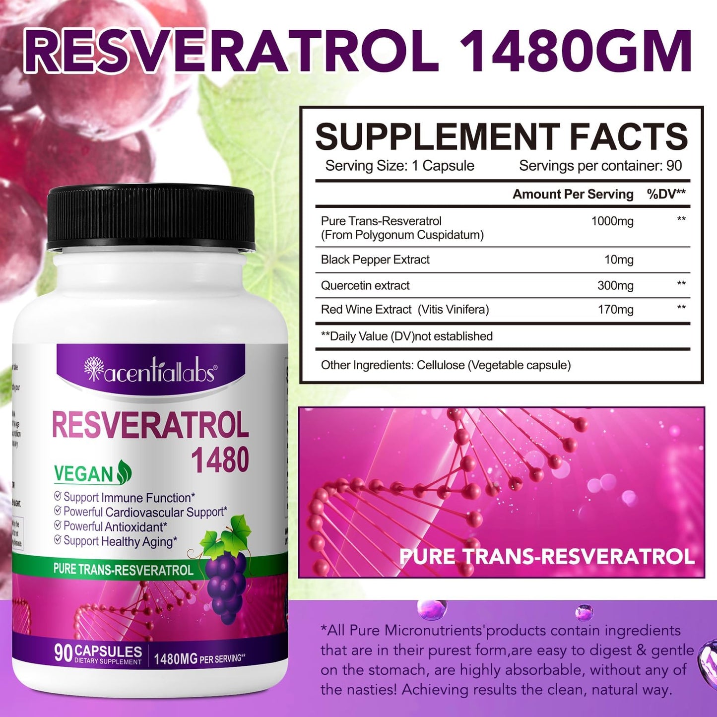 ZIXAOK Trans-Resveratrol 1480mg Per Serving Capsules, 90 Count