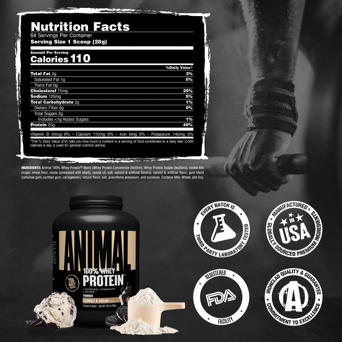 Animal 100% Whey Protein Powder Cookies & Cream, 64 Servings