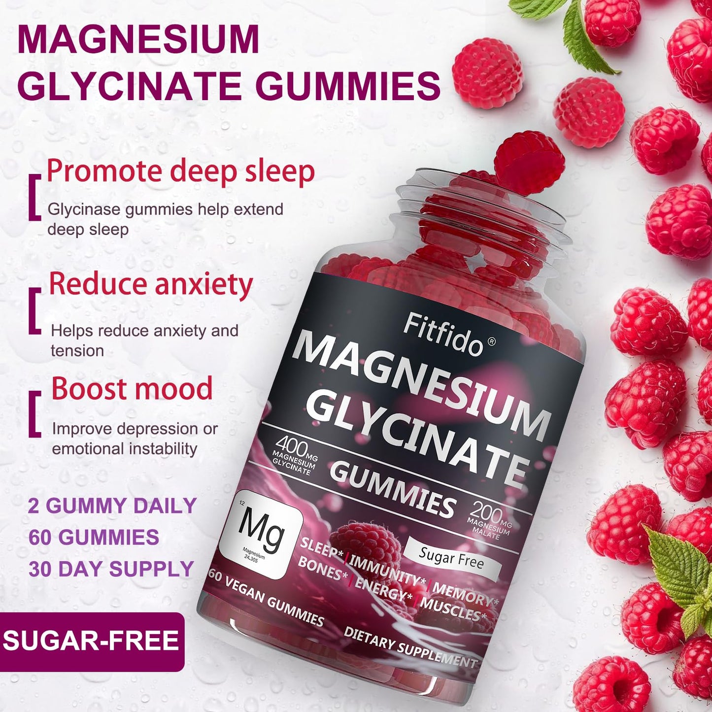 Fitfido Magnesium Glycinate Gummies 400mg, Sugar Free, 60 Count