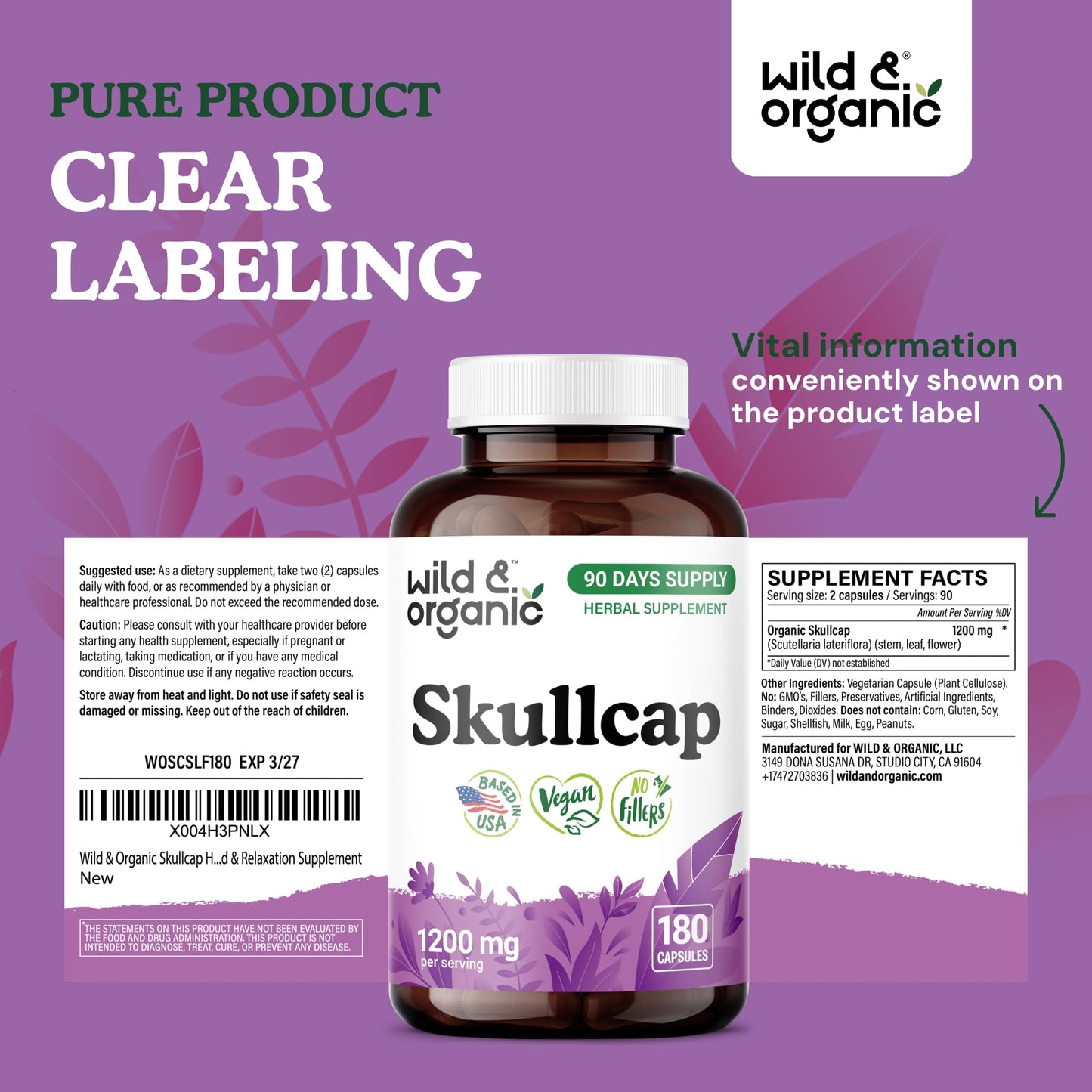 Wild & Organic Skullcap 1200 mg Capsules 180