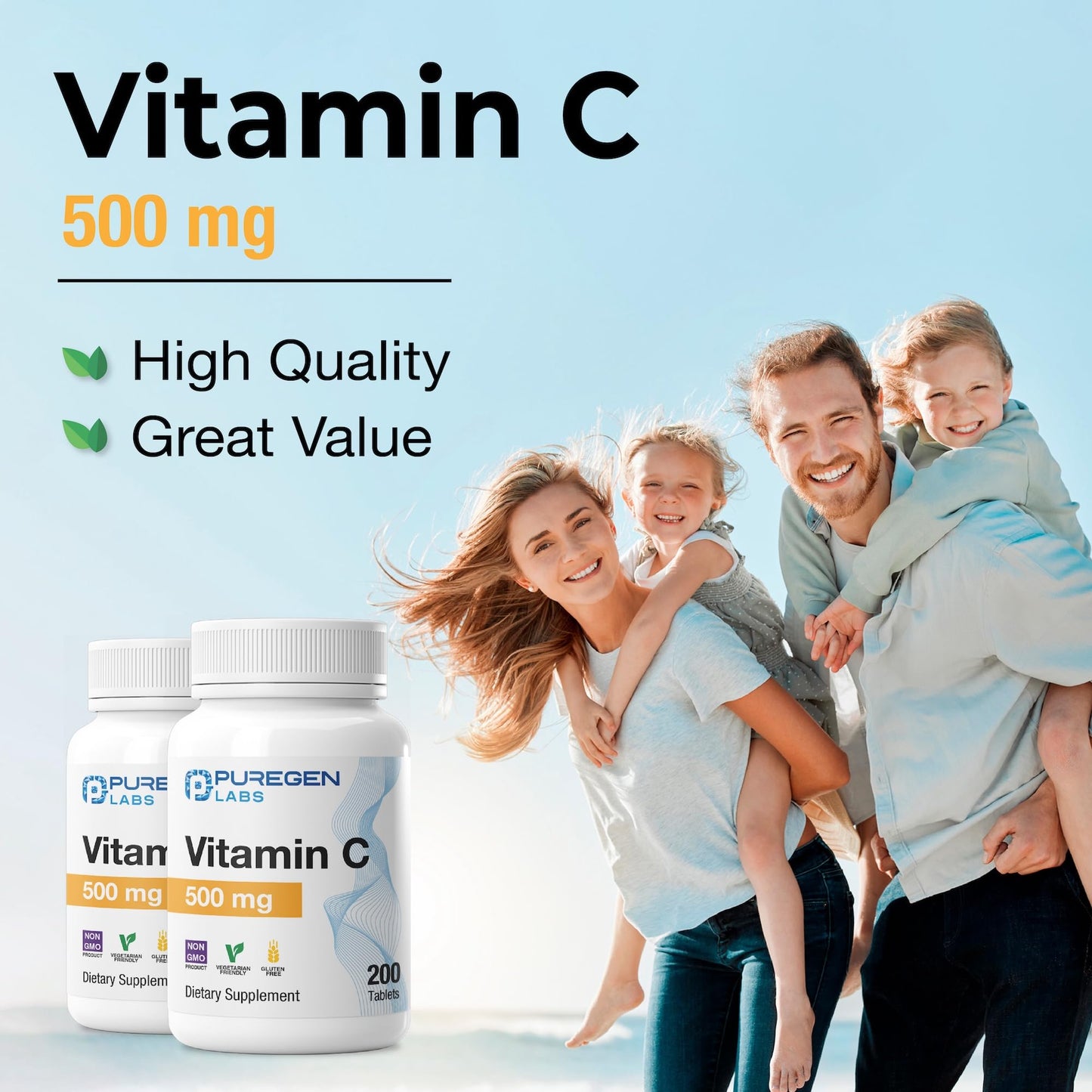 P Puregen Labs Vitamin C 500 MG Tablet, 200 Tablets