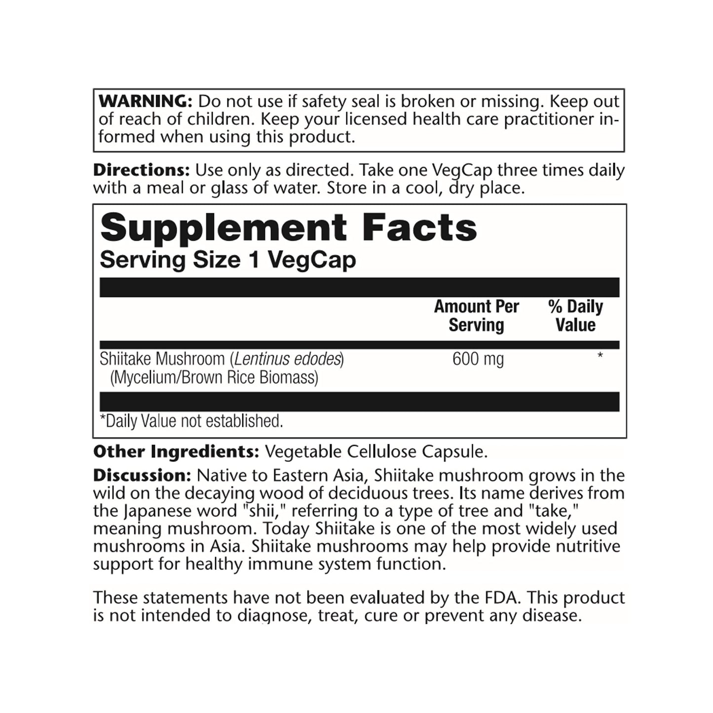 SOLARAY Shiitake Mushroom 600 mg Veg Cap 100 Count