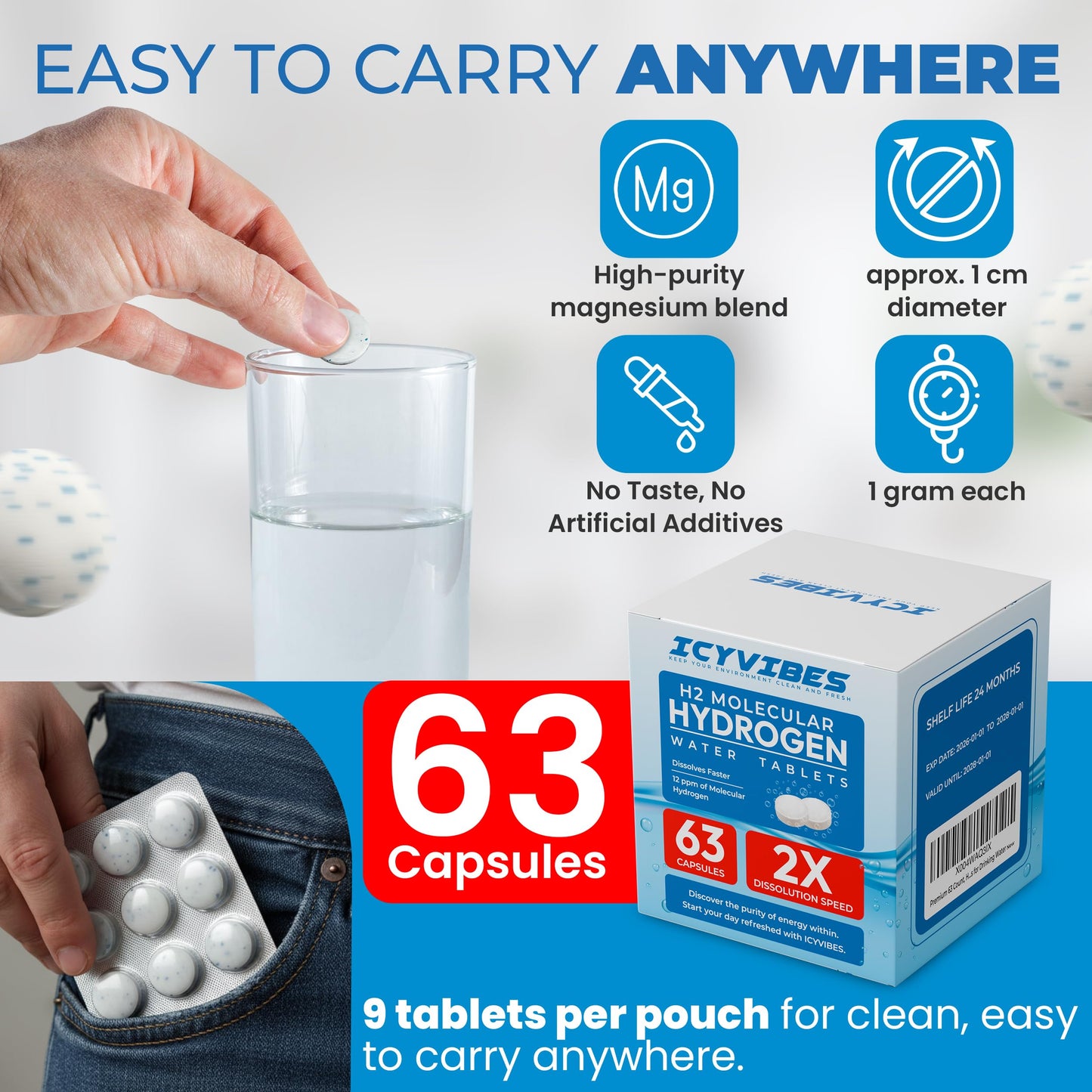 ICYVIBES Premium Mineral Hydrogen Water Tablets with Magnesium, 60 Tablets