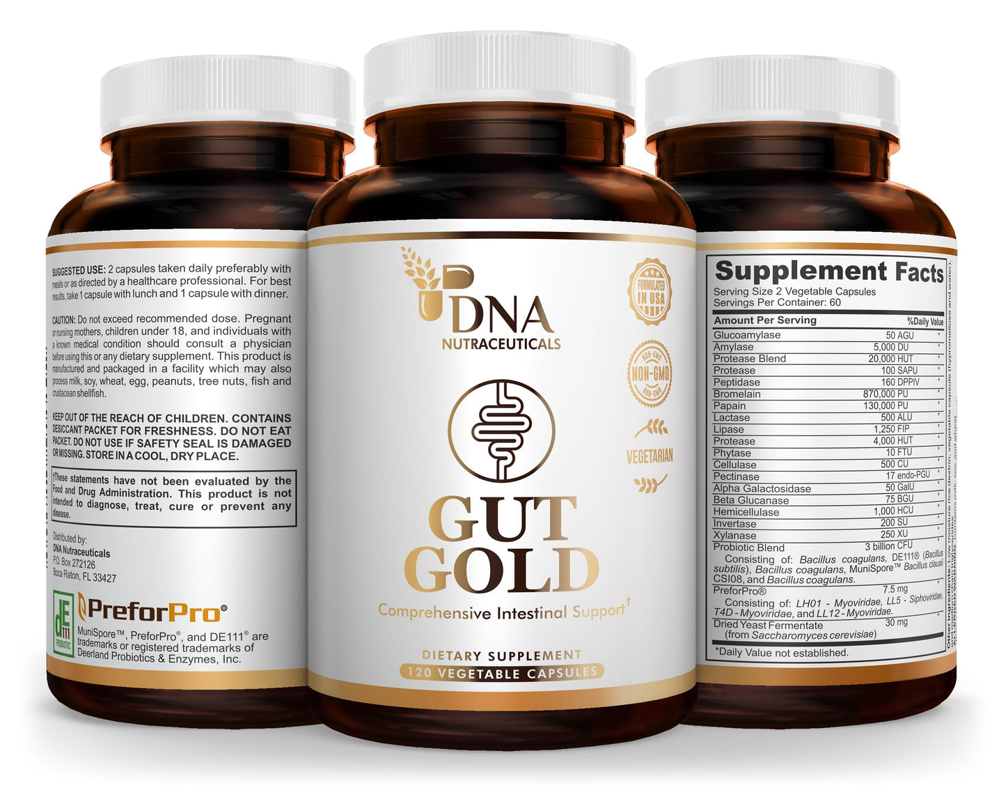 DNA Nutraceuticals Gut Gold 5-in-1 Digestive Enzymes, Probiotics, PreForPro Prebiotics, Postbiotics, Yeast Fermentate, & Immune Support, Non-GMO, Vegetarian Capsules, 120 Count