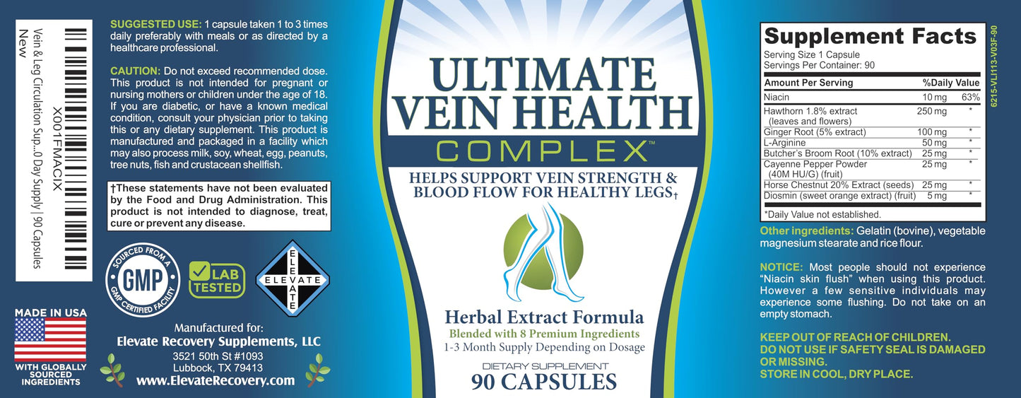 Elevate Recovery Supplements Leg + Vein Circulation Supplement 8-in-1 Formula Capsules 90 Count