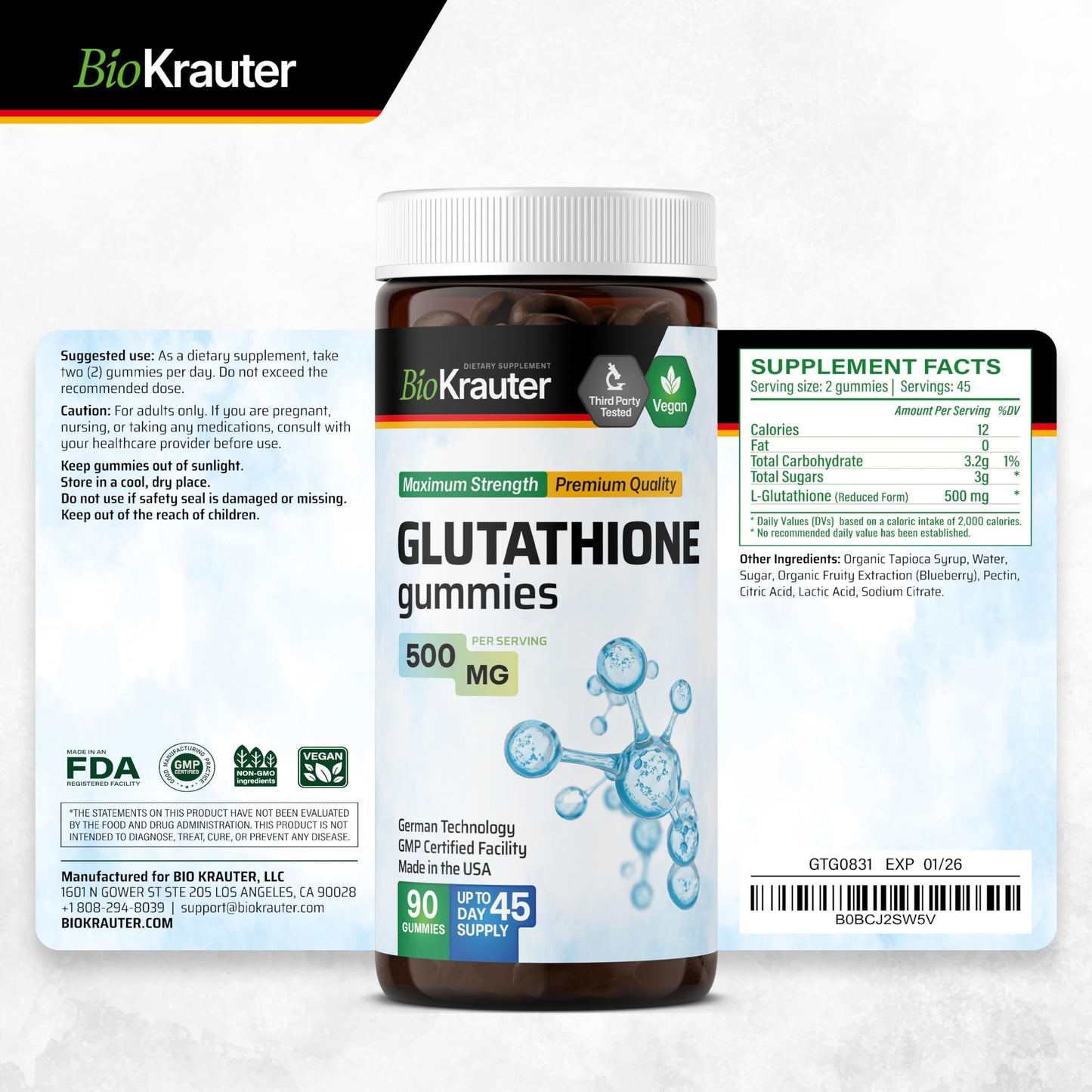 BIO KRAUTER Glutathione Supplement for Skin, Beauty & Antioxidant Support Gummy, 90 Count