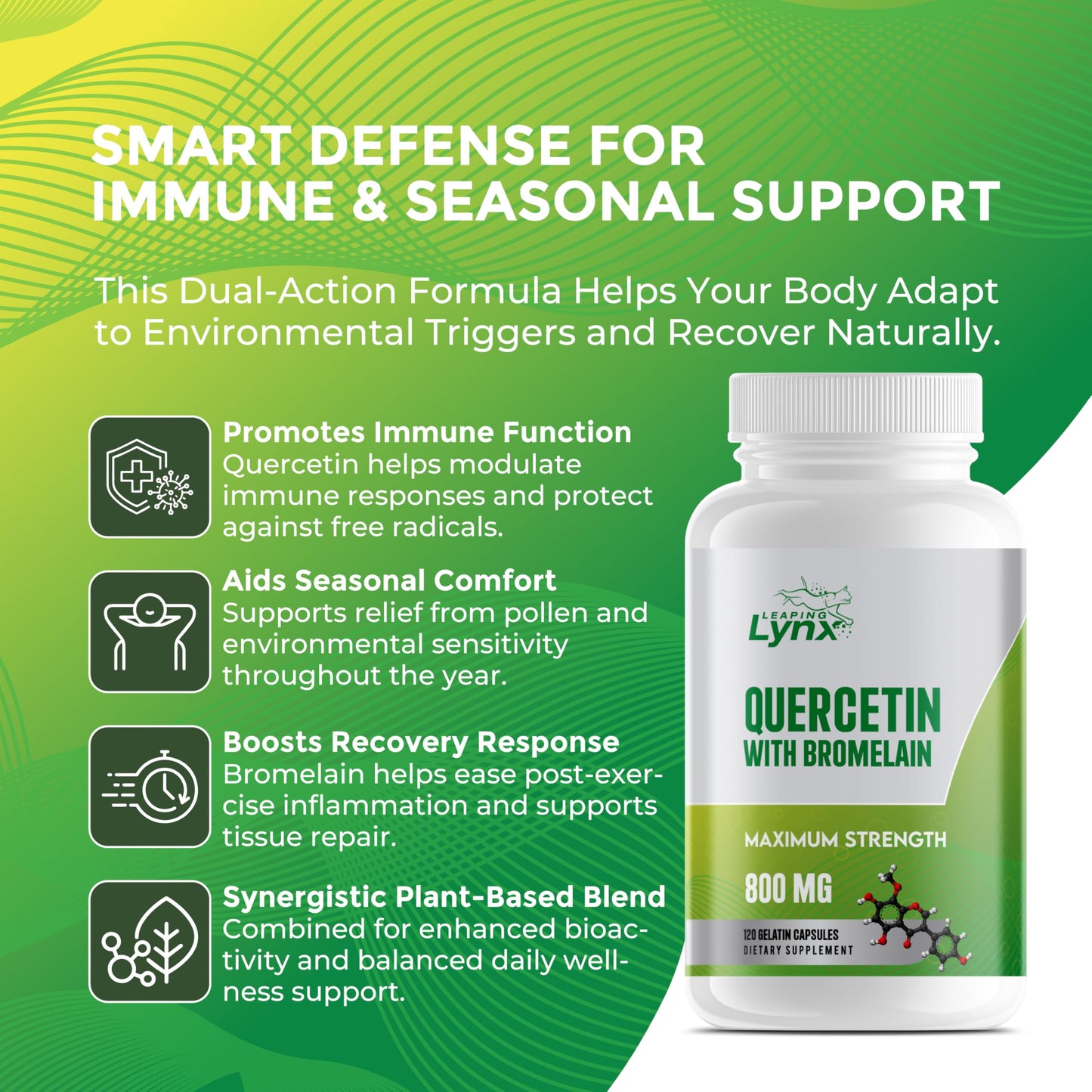 Leaping Lynx Quercetin with Bromelain – 800mg Quercetin + 165mg Bromelain, 120 Capsules