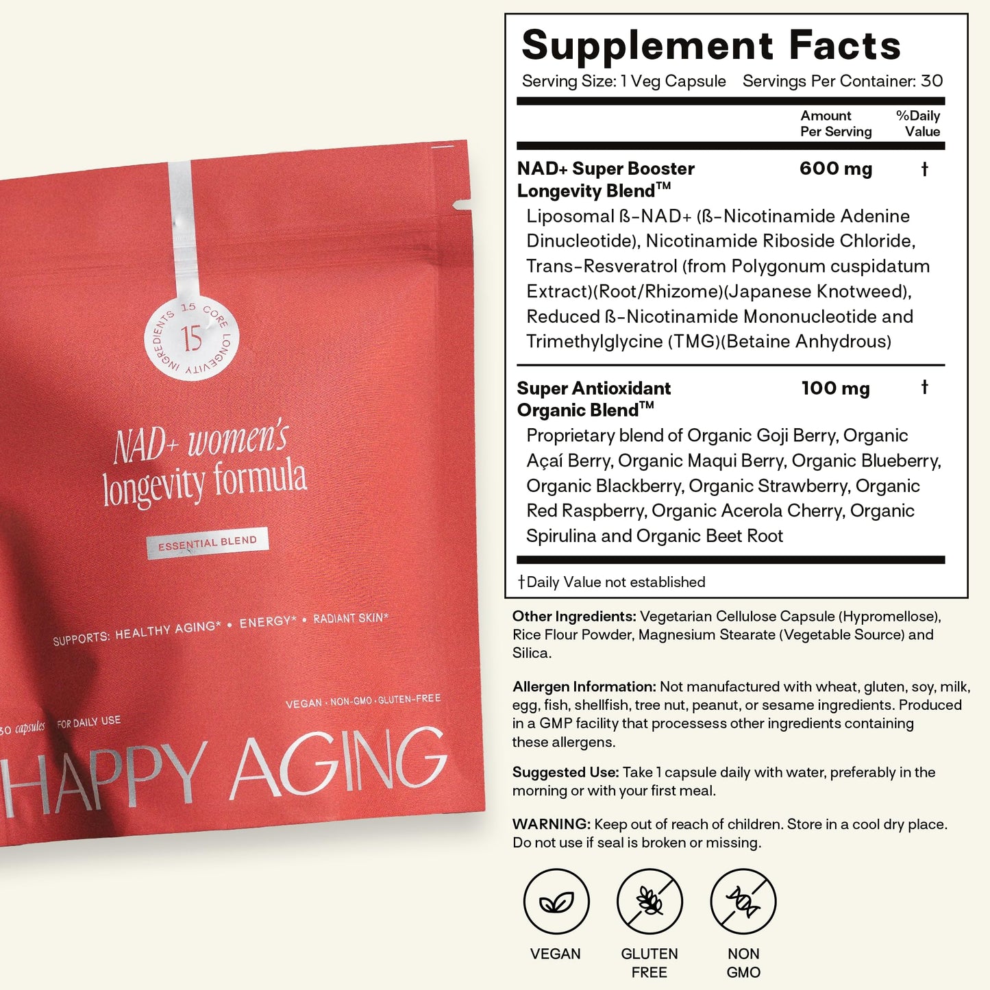 Happy Aging Essential Longevity Formula NAD+ Super Booster with NR, NMNH & Liposomal β-NAD+ Organic Antioxidant Superfruit Blend, 30 Capsules