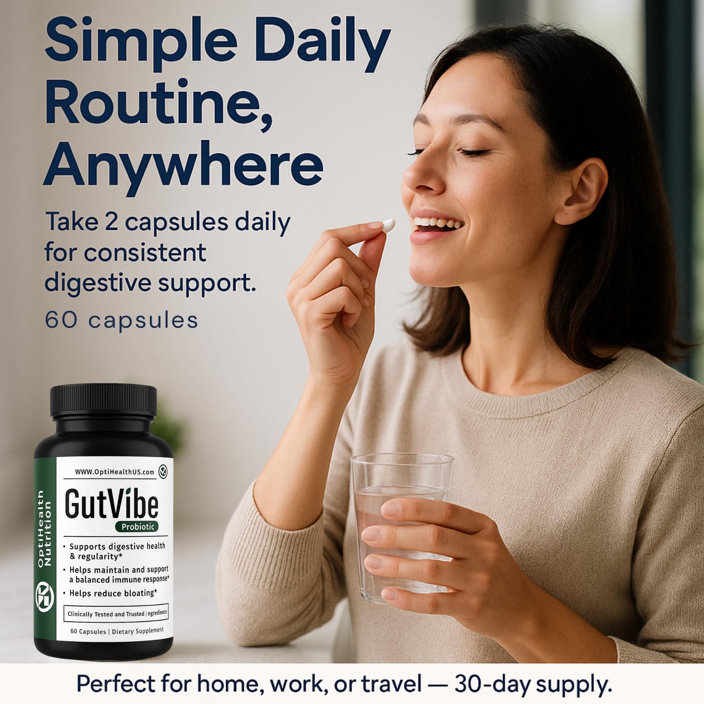 OptiHealth Nutrition GutVibe Probiotic PhD-Formulated Capsules, 60 Count
