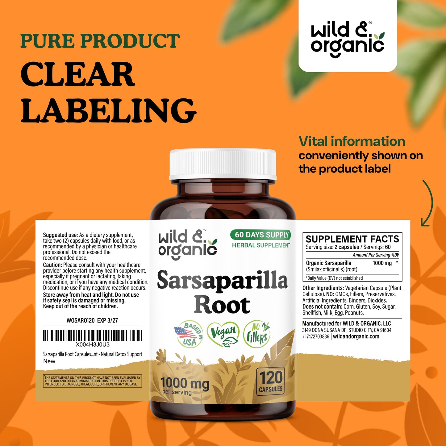 Wild & Organic Sarsaparilla Root Capsules 1000mg Detox Support, 120 Capsules