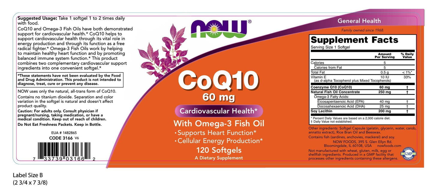 NOW Foods CoQ10 Cardiovascular Health with Omega-3 Fish Oil 60 mg Softgel 120 Softgels