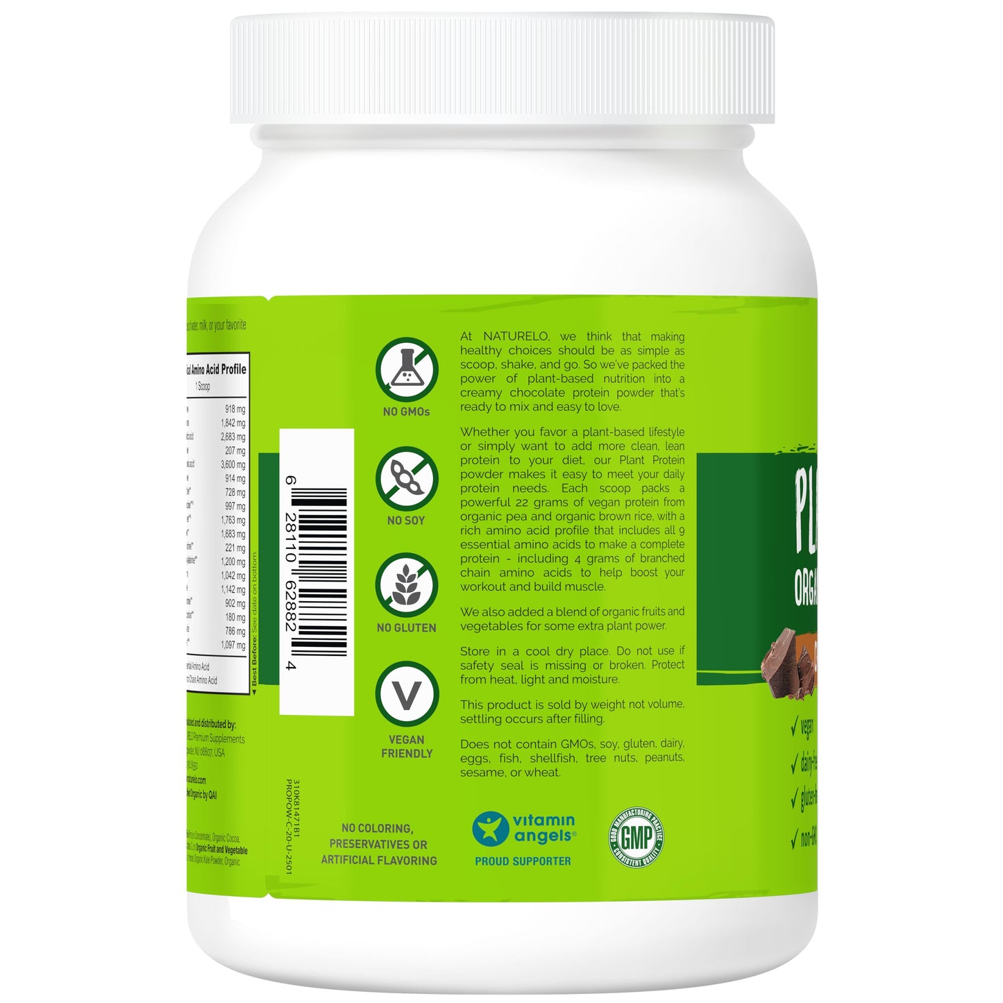 NATURELO Plant Protein Powder, Chocolate, 22g Protein per Serving, 20 Servings