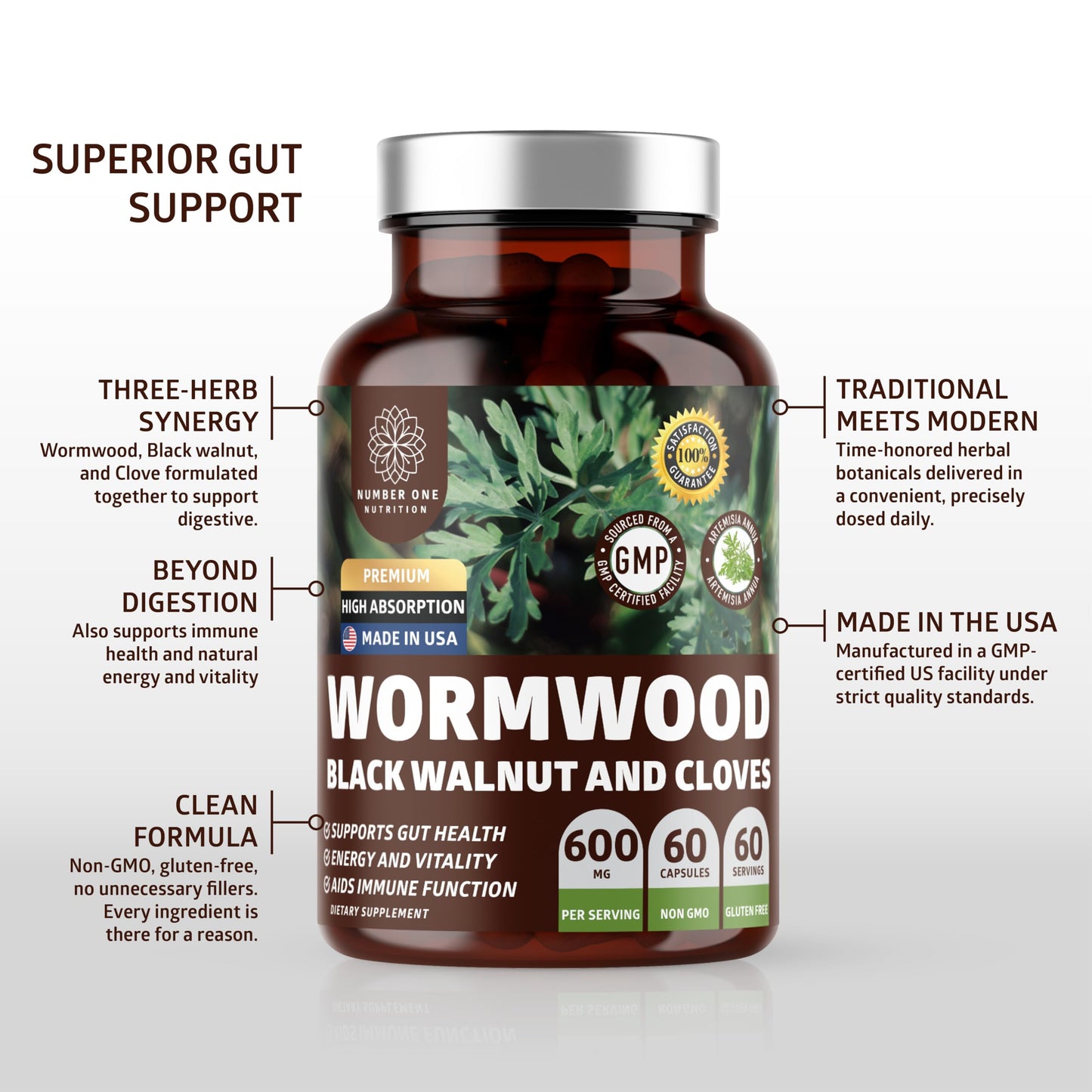 Number One Nutrition Wormwood Black Walnut Clove Capsules 600mg, 60 Count