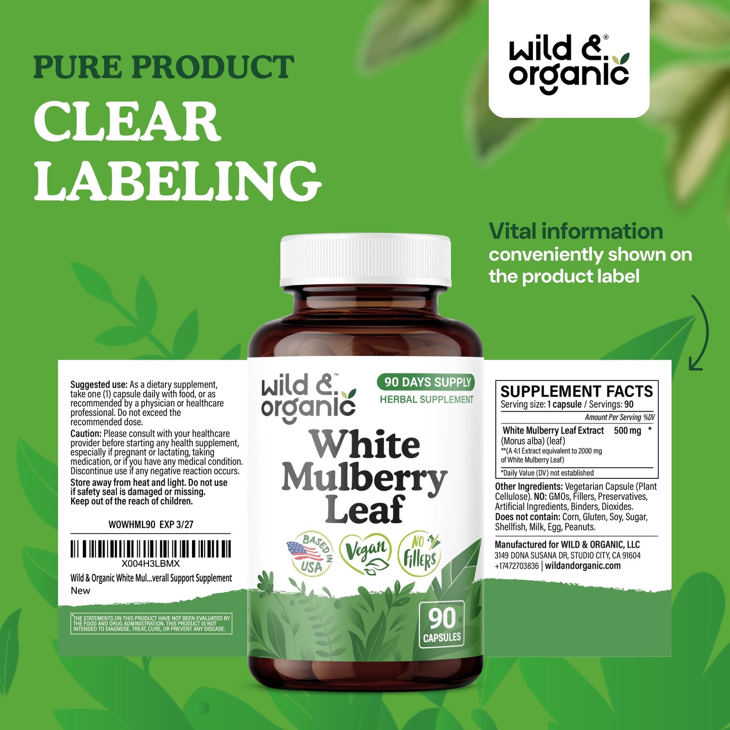 Wild & Organic White Mulberry Leaf Extract Capsules, 90 Count