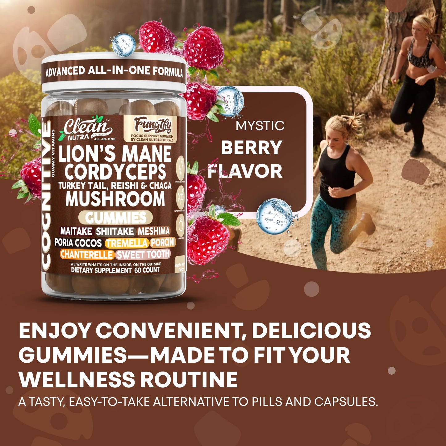 Clean Nutraceuticals Lions Mane Mushroom Gummies with Cordyceps for Memory and Focus Immune Support, 60 Count