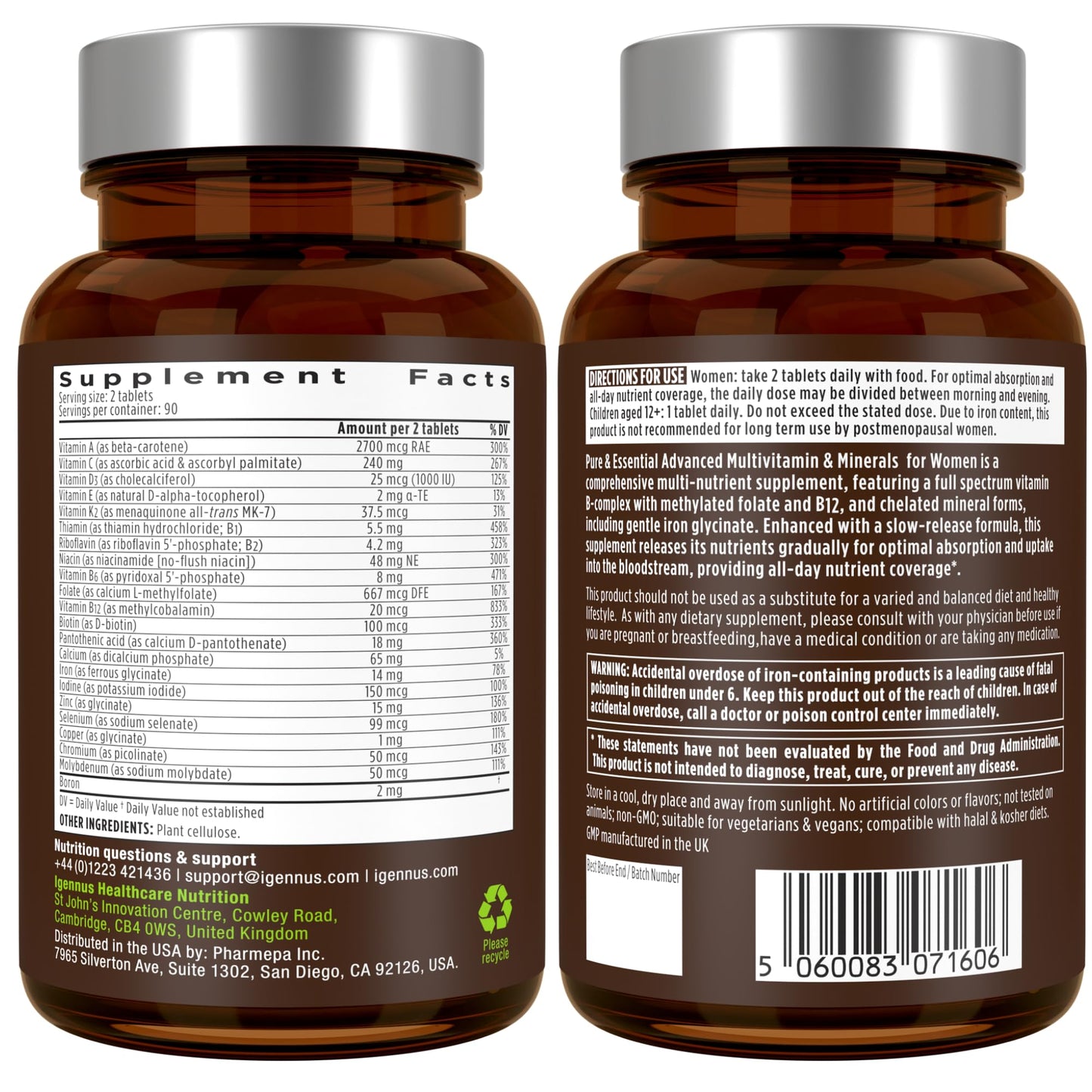 Igennus Healthcare Nutrition High Potency Methylated Multivitamin for Women with Gentle Iron, 5-MTHF Folate & Methylcobalamin B12, Non-GMO, 180 Vegan Tablets