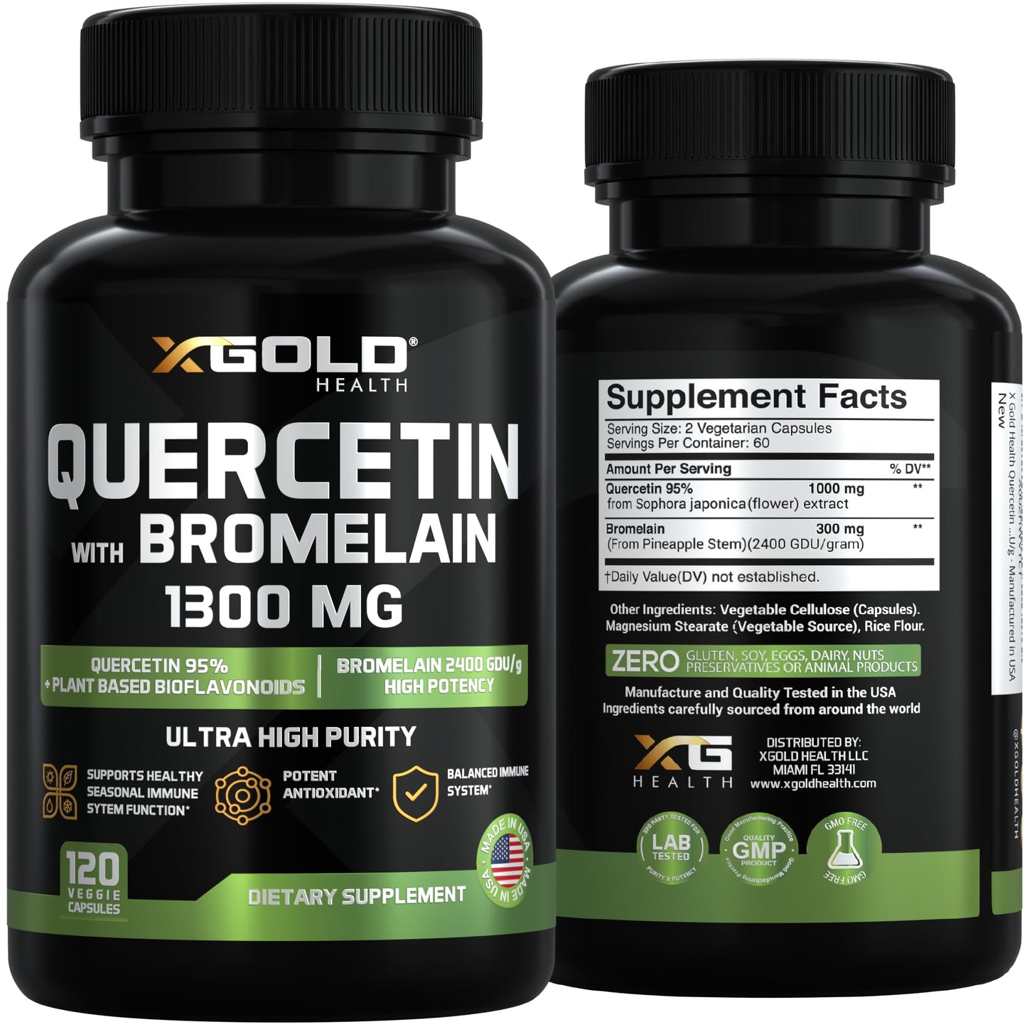 X Gold Health Quercetin + Bromelain 1,300mg, 95% Quercetin, Highly Purified & Highly Bioavailable Plus Bromelain 2,400 GDU/g Made in USA, 120 Capsules